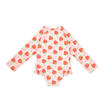 Baby/Toddler Girls Rash Guard One Piece Ruffled Swimsuit - Strawberry